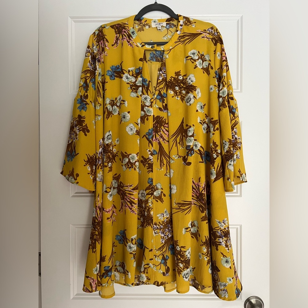 Umgee Women’s Yellow Floral Bell Sleeve Dress Size Large - Picture 2 of 6